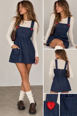 Monteau Denim Pinafore Dress Womens S Blue Heart Buttons Y2K Coquette Mini
